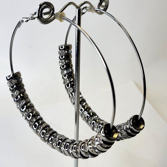 Large Hoop Rhinestone Earrings Basketball Wives with 10mm Rondelles - Picture 2 of 7
